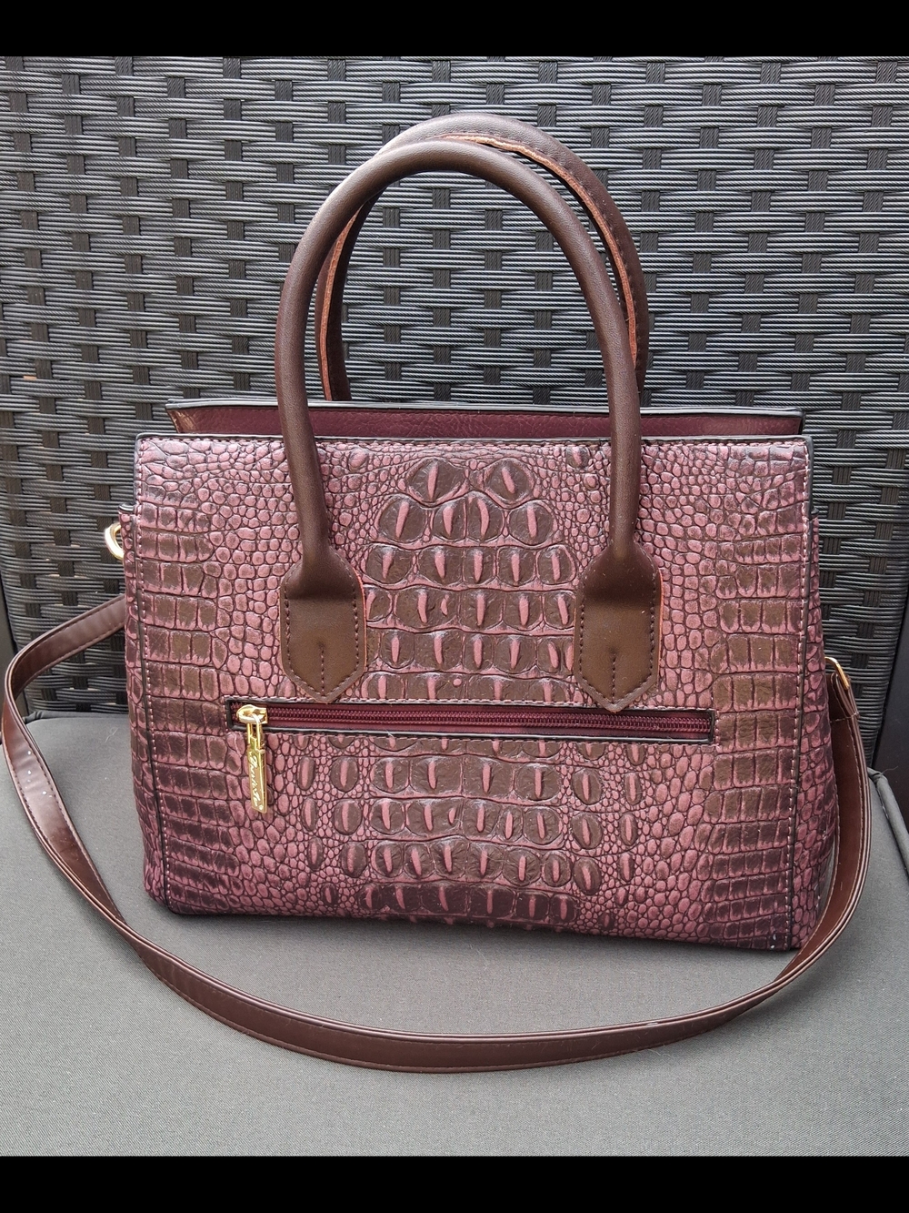 Lirenniao Croc-Embossed Satchel in Burgundy with Top Handles and Strap